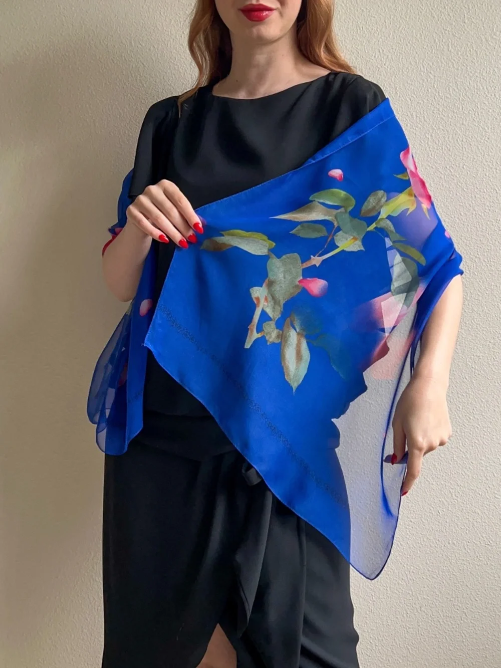 Vintage 1990s Royal Blue Long Scarf With Pink Rose